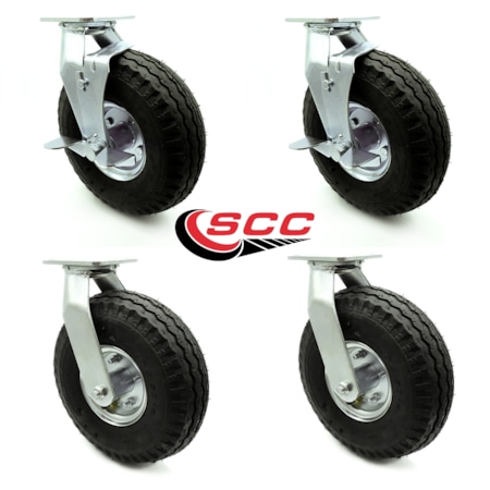 Service Caster 10 Inch Black Pneumatic Wheel Caster Swivel with 2 Brakes, 4PK SCC-100S3504-PNB-2-TLB-2